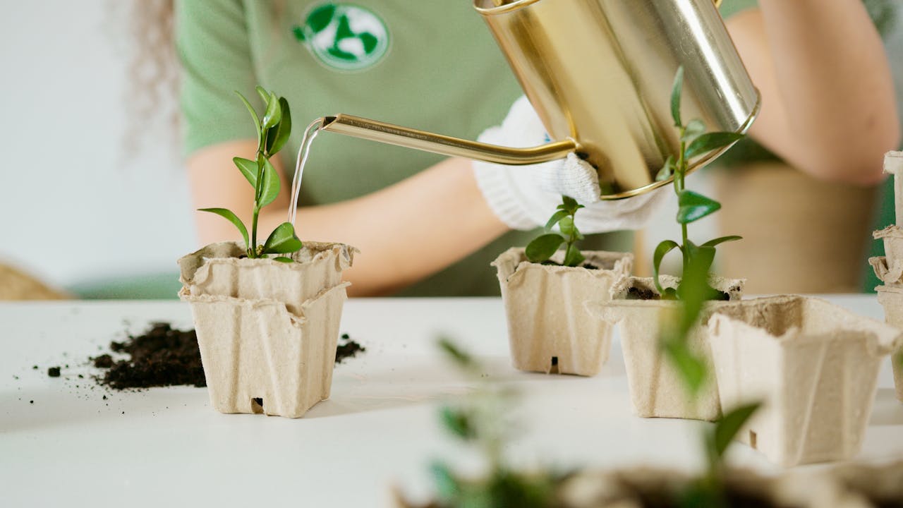 why-choose-us Person watering young plants in eco-friendly recycled pots for sustainable gardening.