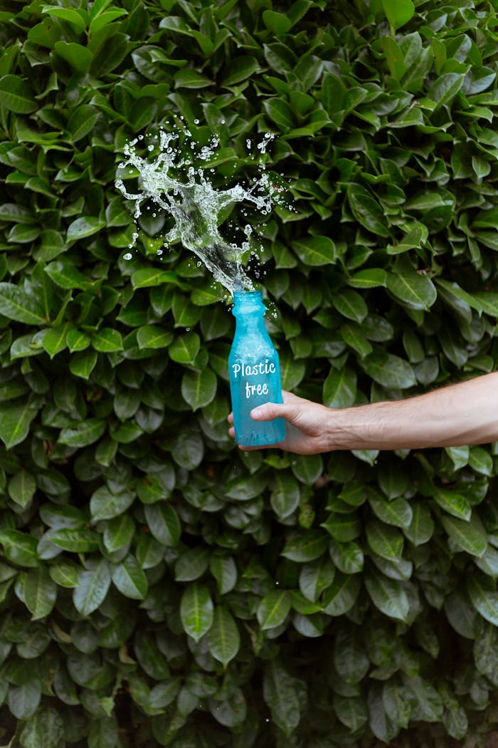 about-02 Blue eco-friendly bottle splashing water against green leafy background. Vibrant and dynamic.
