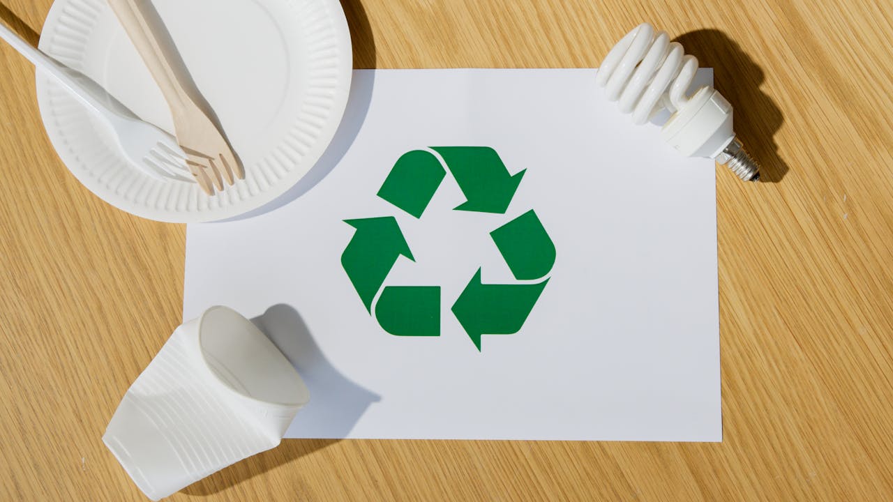 hero-img-01 Eco-friendly utensils, light bulb, and recycling symbol on paper emphasize sustainable living.
