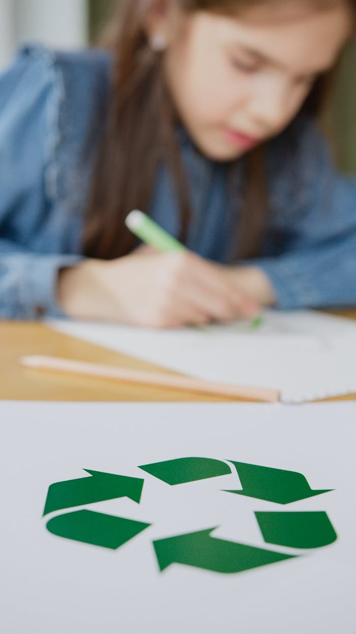 about-01 Blurred child writing with prominent green recycling symbol in foreground.